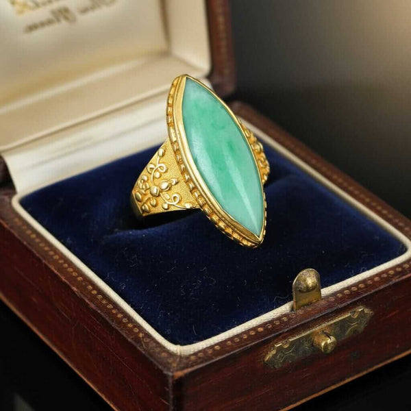 Antique Jadeite Jade Ring 18K Gold Marquise 6ct Green - Boylerpf