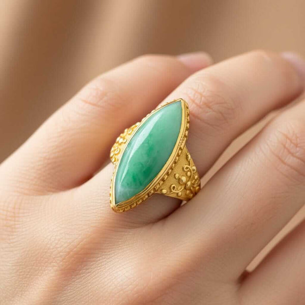 Antique Jadeite Jade Ring 18K Gold Marquise 6ct Green - Boylerpf