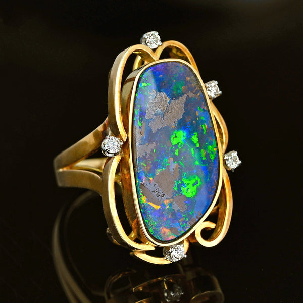 10ct Australian Boulder Opal Diamond Ring in 14K Yellow Gold