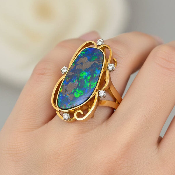 10ct Australian Boulder Opal Diamond Ring in 14K Yellow Gold
