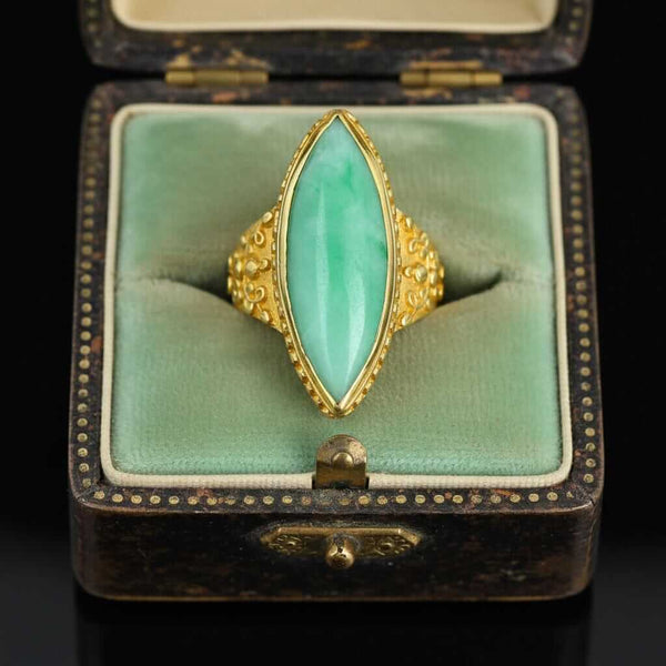 Antique Jadeite Jade Ring 18K Gold Marquise 6ct Green - Boylerpf
