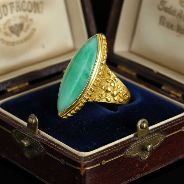 Antique Jadeite Jade Ring 18K Gold Marquise 6ct Green - Boylerpf