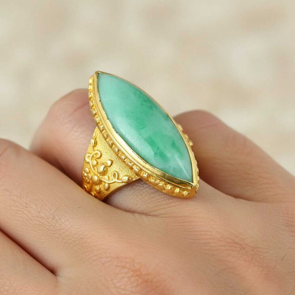 Antique Jadeite Jade Ring 18K Gold Marquise 6ct Green - Boylerpf