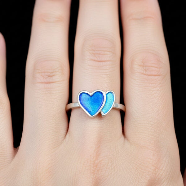 Vintage Silver Cobalt Blue Enamel Double Heart Ring - Boylerpf