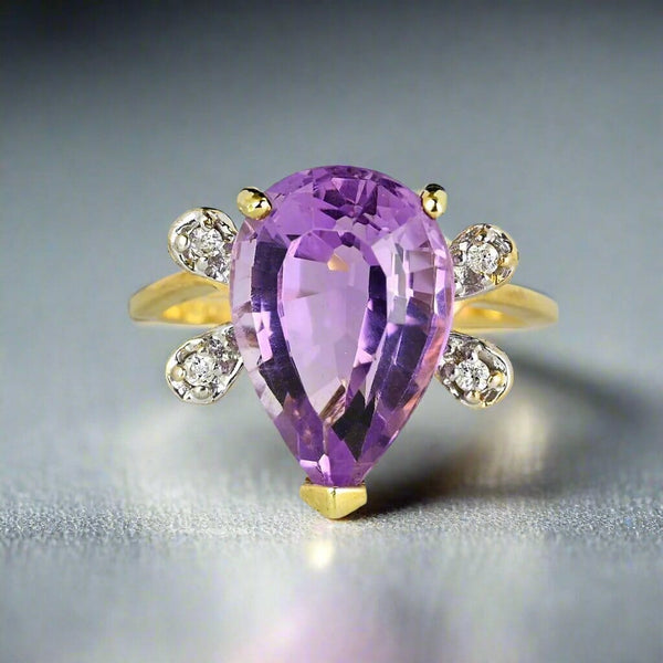 Vintage 14K Gold Diamond Wing Pear Cut Amethyst Ring - Boylerpf