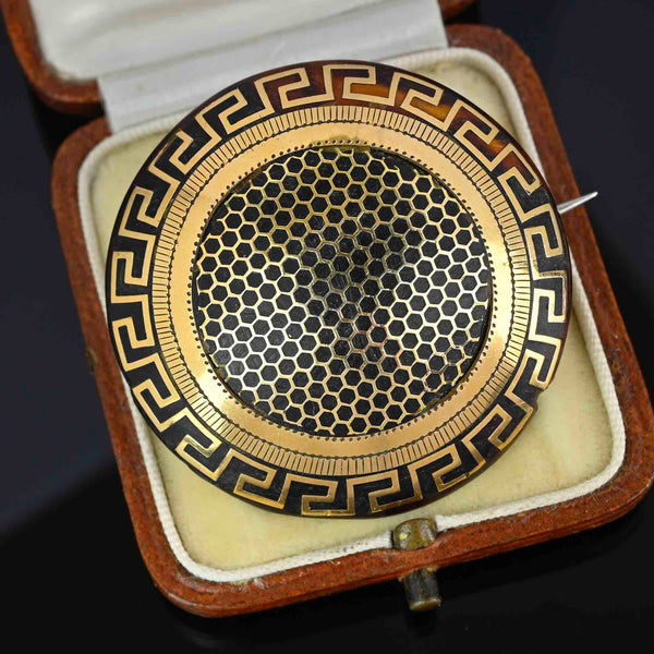 Antique 14K Gold Honeycomb Greek Key Pique Brooch - Boylerpf
