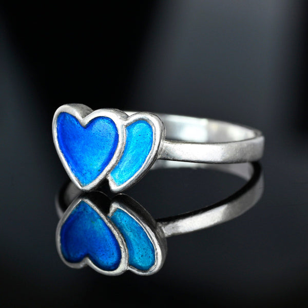 Vintage Silver Cobalt Blue Enamel Double Heart Ring - Boylerpf