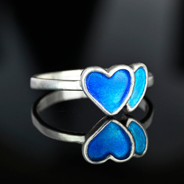 Vintage Silver Cobalt Blue Enamel Double Heart Ring - Boylerpf