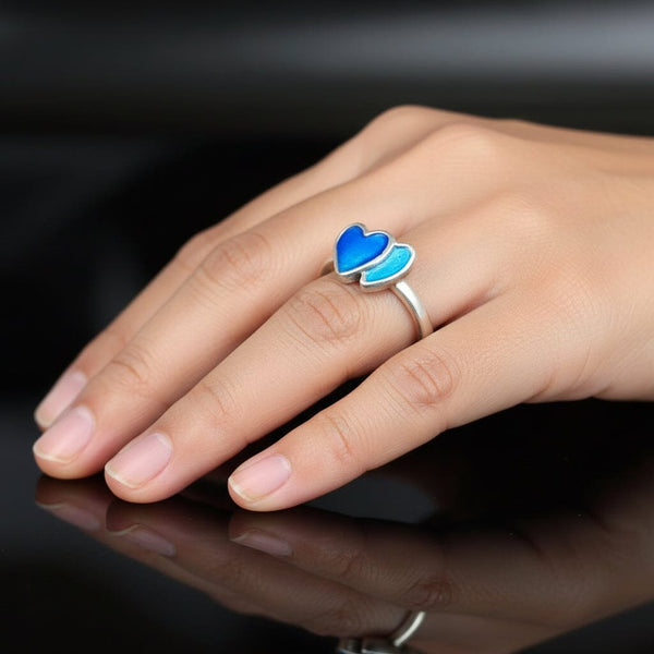 Vintage Silver Cobalt Blue Enamel Double Heart Ring - Boylerpf
