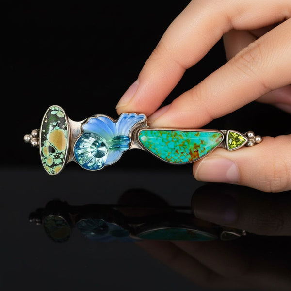 Vintage Sterling Silver Turquoise Peridot Artisan Brooch