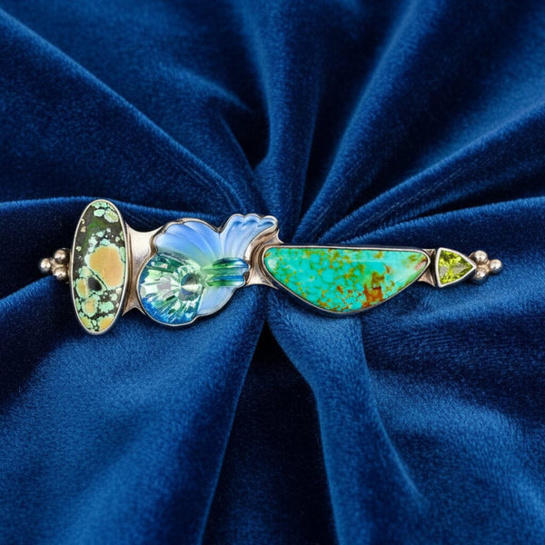 Vintage Sterling Silver Turquoise Peridot Artisan Brooch