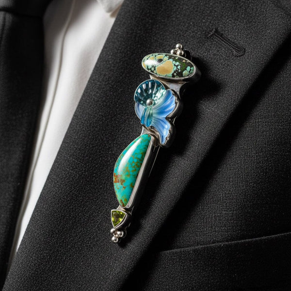 Vintage Sterling Silver Turquoise Peridot Artisan Brooch