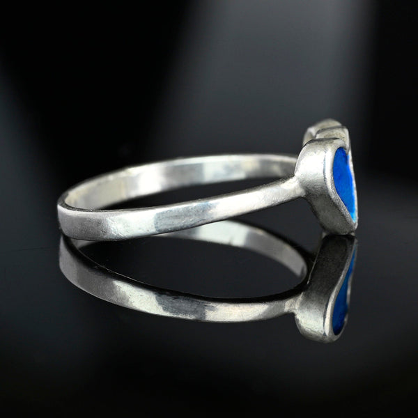 Vintage Silver Cobalt Blue Enamel Double Heart Ring - Boylerpf