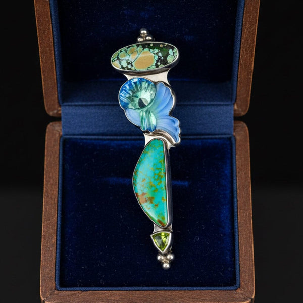 Vintage Sterling Silver Turquoise Peridot Artisan Brooch