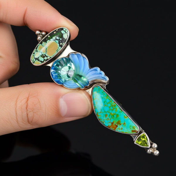 Vintage Sterling Silver Turquoise Peridot Artisan Brooch