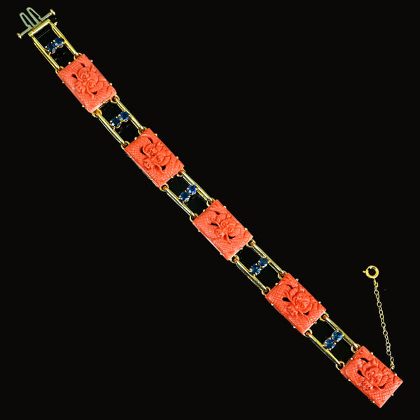 Art Deco Coral Dragon Bracelet 14K Gold 2ct Sapphire