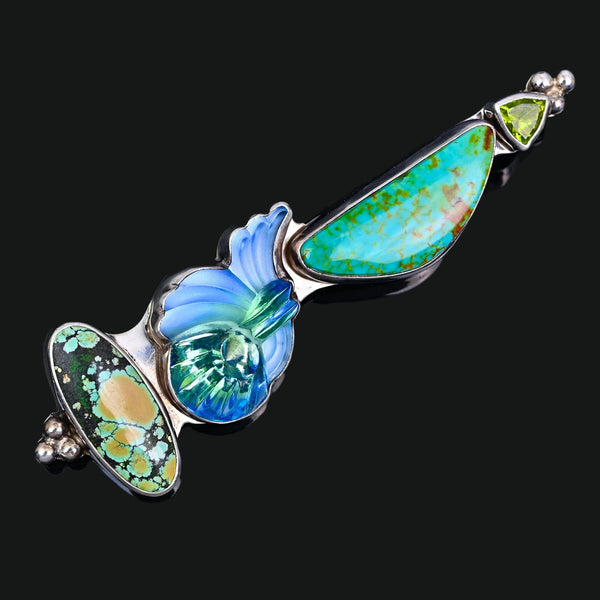 Vintage Sterling Silver Turquoise Peridot Artisan Brooch