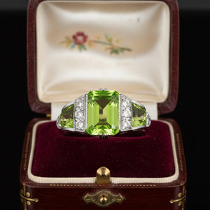 Art Deco Peridot Diamond Ring Platinum Vintage Estate Ring - Boylerpf