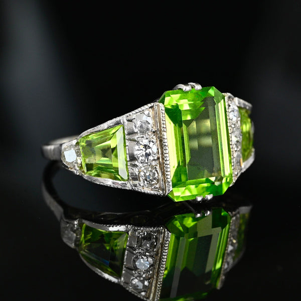 Art Deco Peridot Diamond Ring Platinum Vintage Estate Ring - Boylerpf