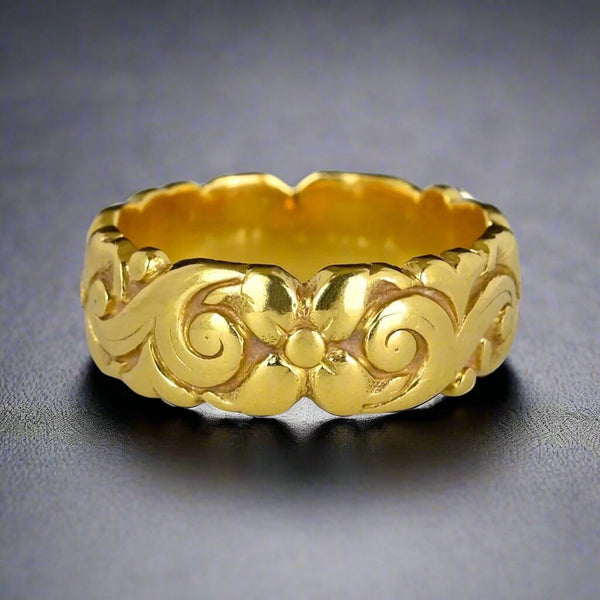 Antique 18K Gold Floral Carved Wide Wedding Ring Band - Boylerpf