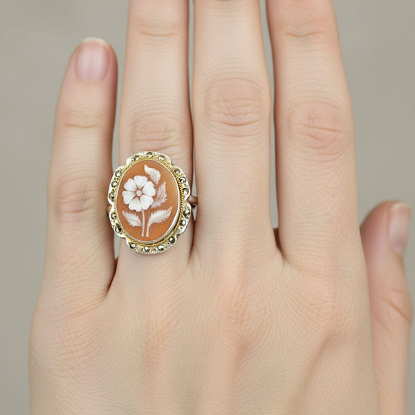Antique Marcasite Sterling Silver Carved Shell Cameo Ring