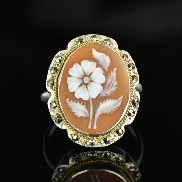 Antique Marcasite Sterling Silver Carved Shell Cameo Ring