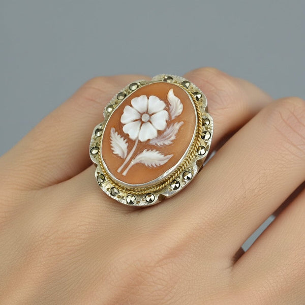 Antique Marcasite Sterling Silver Carved Shell Cameo Ring