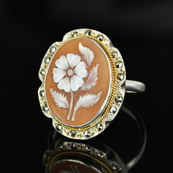 Antique Marcasite Sterling Silver Carved Shell Cameo Ring