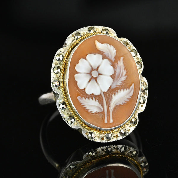 Antique Marcasite Sterling Silver Carved Shell Cameo Ring