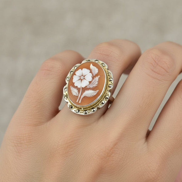 Antique Marcasite Sterling Silver Carved Shell Cameo Ring