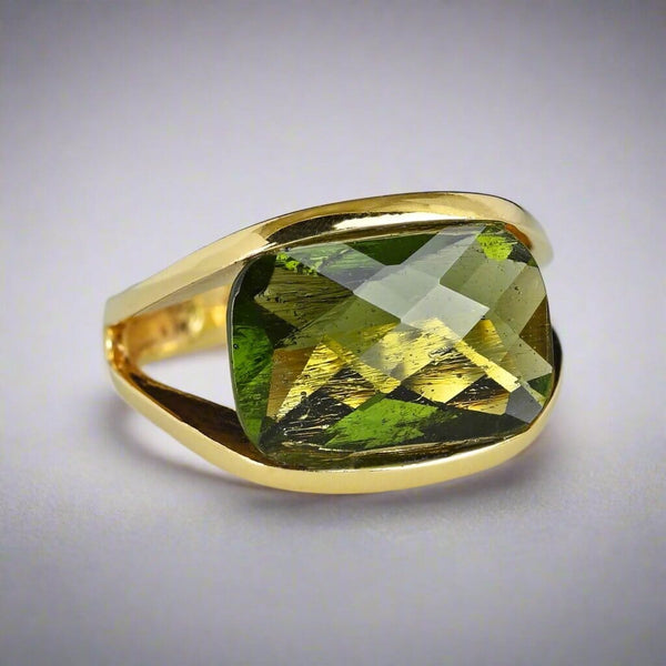 Unique 14K Gold Checkerboard Cut Natural Moldavite Ring - Boylerpf