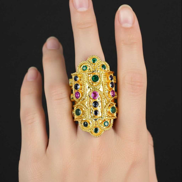 Ilias Lalaounis 18K Gold Byzantine Ruby Sapphire Emerald Ring - Boylerpf