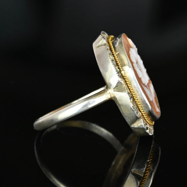 Antique Marcasite Sterling Silver Carved Shell Cameo Ring