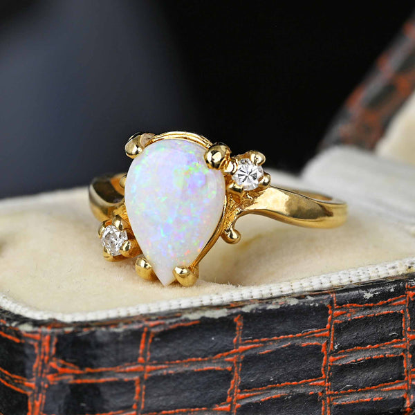 Vintage 14K Gold Bypass Diamond Pear Cut Opal Ring - Boylerpf