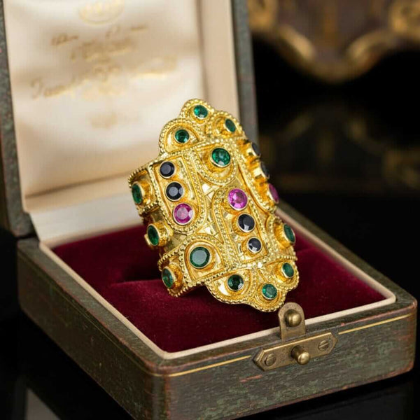 Ilias Lalaounis 18K Gold Byzantine Ruby Sapphire Emerald Ring - Boylerpf