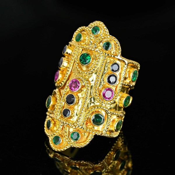 Ilias Lalaounis 18K Gold Byzantine Ruby Sapphire Emerald Ring - Boylerpf