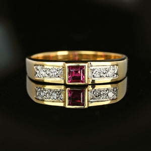 Vintage 14K Gold Diamond Square Ruby Ring Band