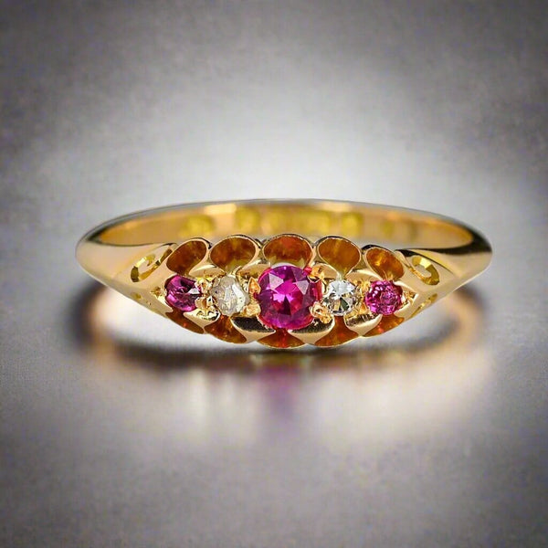 Antique Chester 15K Gold Rose Cut Diamond Ruby Ring - Boylerpf