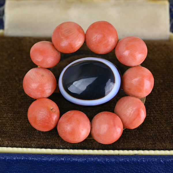 Antique Bullseye Agate Victorian Button Coral Brooch - Boylerpf