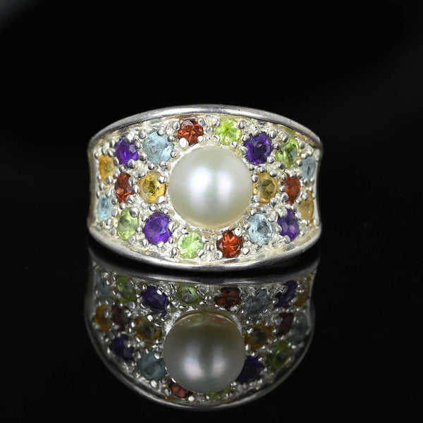 Wide Silver Multi Gemstone Pearl Ring Band, Harlequin Style - Boylerpf