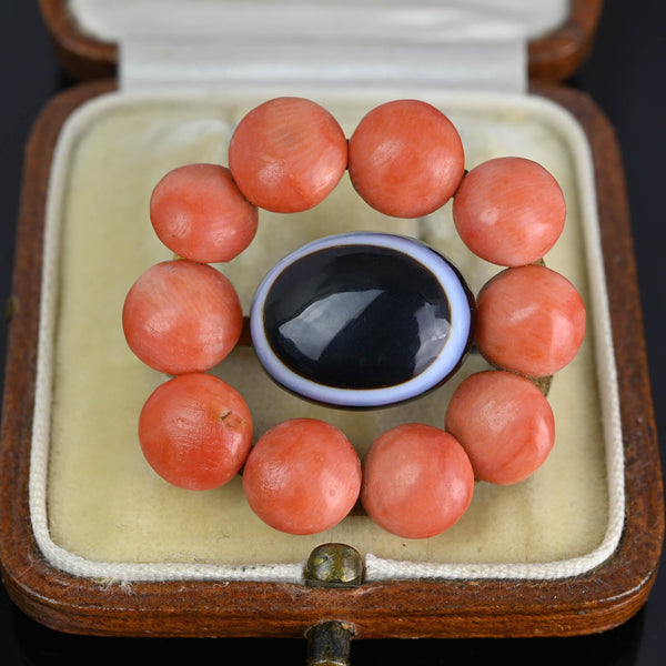 Antique Bullseye Agate Victorian Button Coral Brooch - Boylerpf