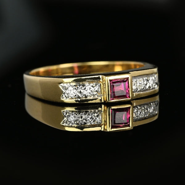 Vintage 14K Gold Diamond Square Ruby Ring Band - Boylerpf