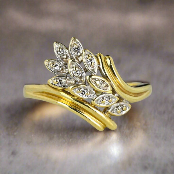 Vintage 10K Gold Bypass Diamond Leaf Ring - Boylerpf