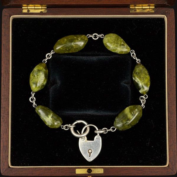 Victorian Connemara Marble Bracelet, Sterling Heart Padlock