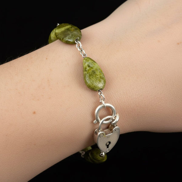 Victorian Connemara Marble Bracelet, Sterling Heart Padlock