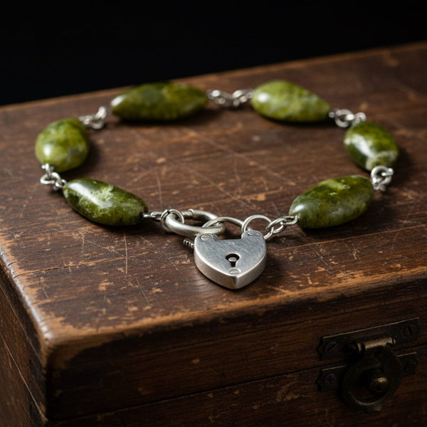 Victorian Connemara Marble Bracelet, Sterling Heart Padlock