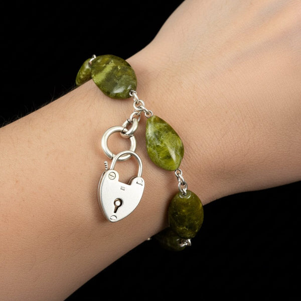 Victorian Connemara Marble Bracelet, Sterling Heart Padlock