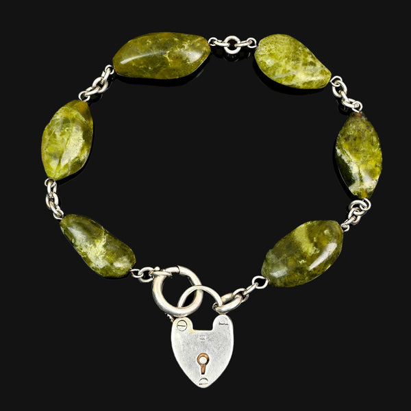 Victorian Connemara Marble Bracelet, Sterling Heart Padlock