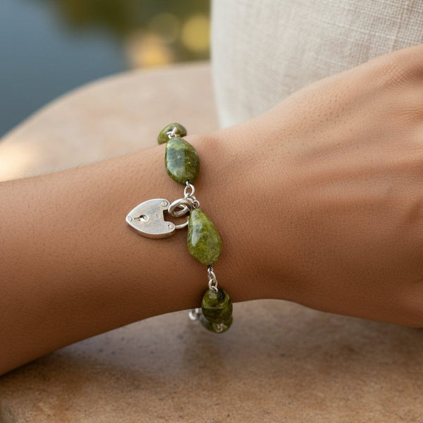 Victorian Connemara Marble Bracelet, Sterling Heart Padlock
