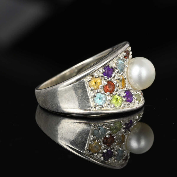 Wide Silver Multi Gemstone Pearl Ring Band, Harlequin Style - Boylerpf